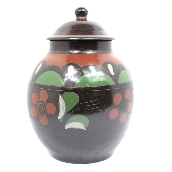 MEXICAN FOLK ART DARK BROWN CLAY POTTERY GINGER POT HAND-PAINTED FLORAL DESIGN - Picture 4 of 10
